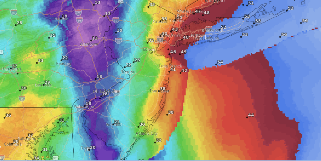 Wind gusts Monday morning, predicted by the National Weather Service. (Graphic: NWS)